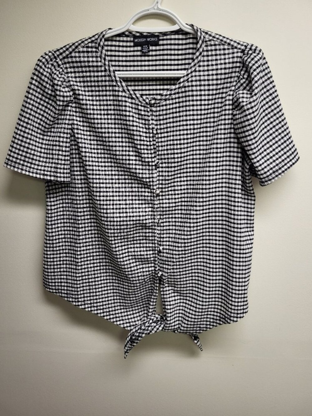 Modern Works Womens Medium Black White Gingham Button Front Tie Hem Blouse Top